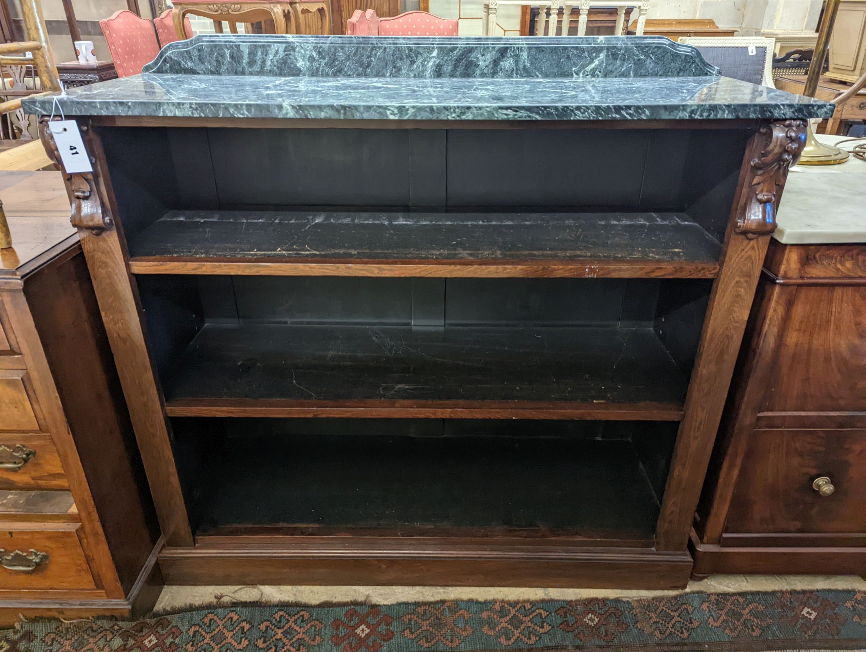 A Victorian rosewood dwarf open bookcase (replacement marble), width 110cm, depth 40cm, height 106cm